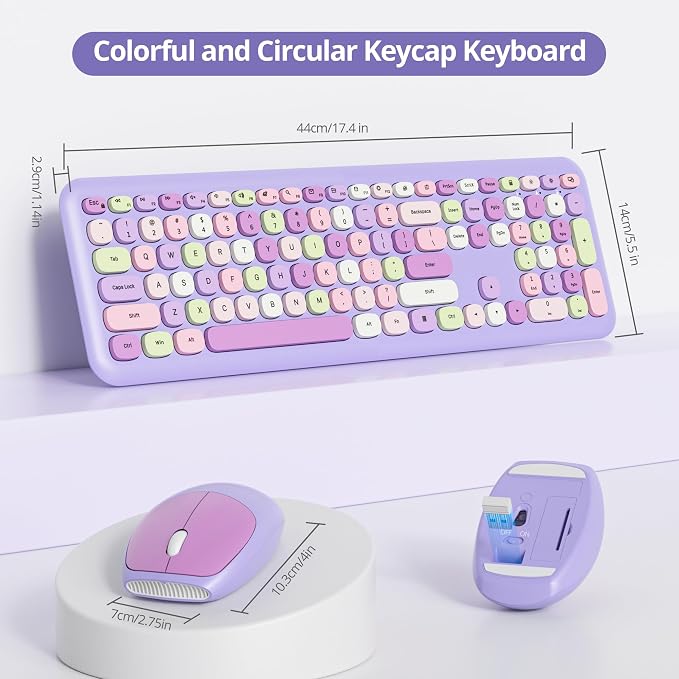 Surmen Cute Purple Keyboard and Mouse Wireless Silent, Full-Size Retro Typewriter Wireless Quiet Slim Colorful Keyboard Low-Noise 2.4GHz for Computer, Desktop, Laptop(6-Purple)