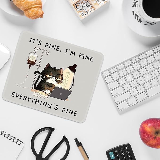 Mouse Pad with Stitched Edges - Funny Cat Mousepad for Women, 9.25 x 7.75 inch Washable Square Desk Pad, Non-Slip Rubber Base, Office Home Laptop Accessories - Overworked Kitty