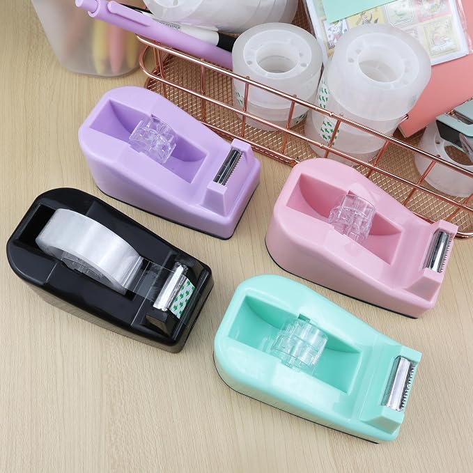 Desktop Tape Dispenser,1 Pack Pink Tape Dispensers with 12Rolls Transparent Tape, for Packaging in Office,Restaurant, Flower Shop,Cake Shop (Pink)