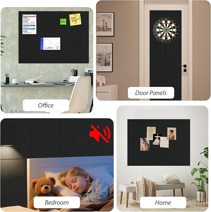 Large Cork Boards for Walls 48"x36", 12 Pack Felt Wall Tiles with 60 Pushpins,50 Safe Removable Adhesive Tabs, 10 Hooks and Clips, Black Bulletin Board, Felt Board Pin Board Tack Board for Office