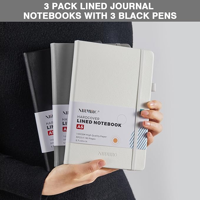 Hardcover Journal Notebook for Work, A5 (5.7"x8.4"), 3 Pack 160 Pages Lined Journaling Notebooks with Pen, 100GSM Paper, for Women Men Writing, Travel, Business, Daily Diary, School Office Supplies