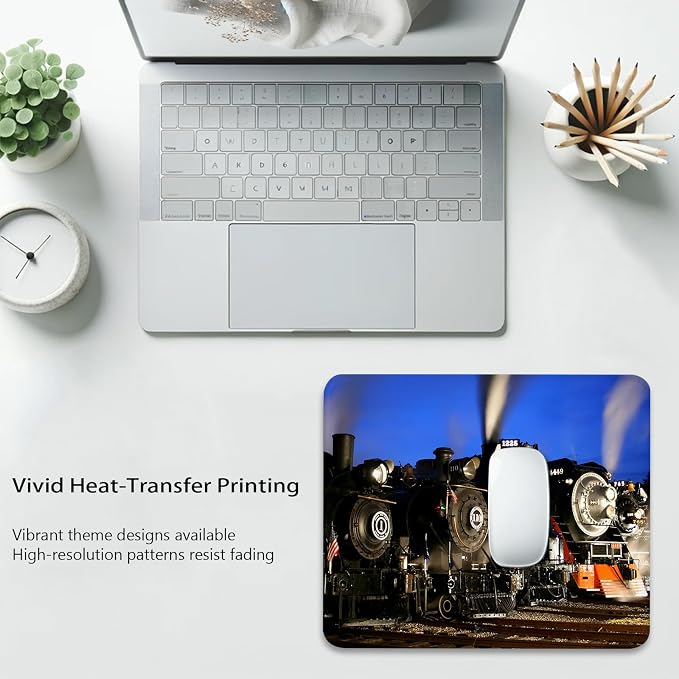 Historic Old Trains Mouse Pad, Vintage Steam Locomotives at Dusk Desk Mat | A Nighttime View of Retro Train, Cute Mousepad Stitched, Anti-Slip Base Smooth Surface, 9.5 x 7.9 Inches