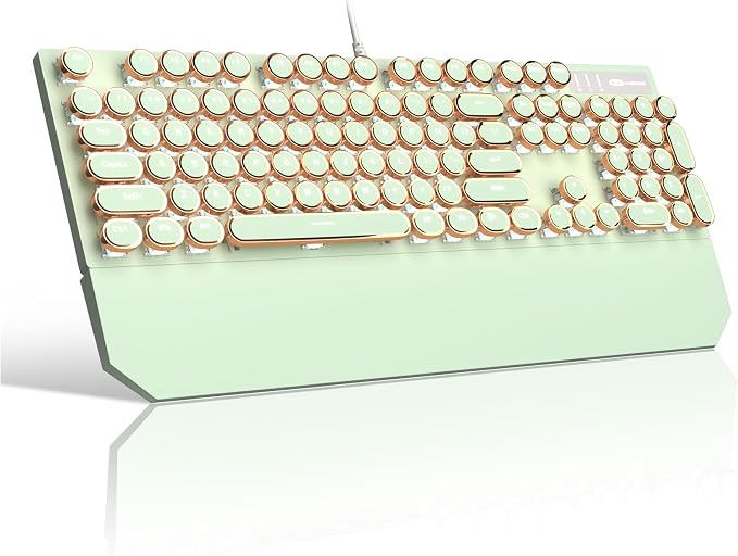 Camiysn Typewriter Style Mechanical Gaming Keyboard, Green Retro Punk Gaming Keyboard with White Backlit, 104 Keys Blue Switch Wired Cute Keyboards, Round Keycaps for Windows/Mac/PC