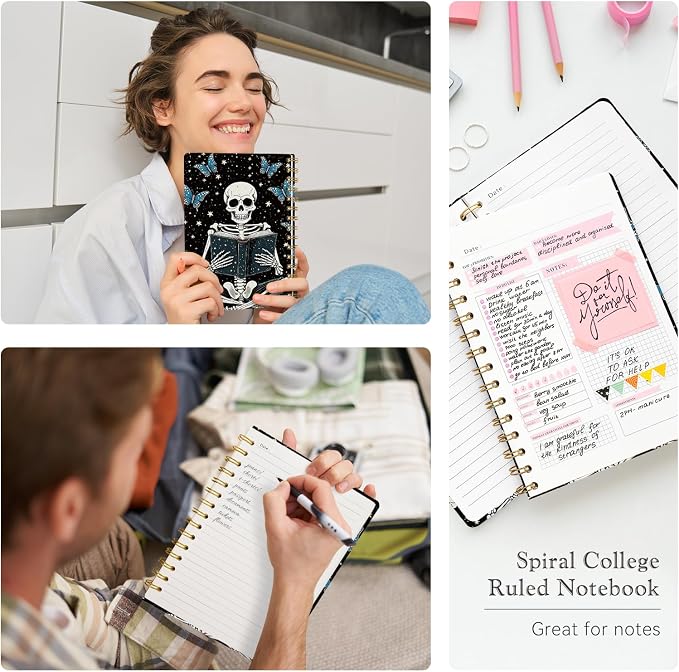 Lined Spiral Journal Notebook for Work A5, 160 Pages, Skeleton | College Ruled Spiral Journal for Women, Hardcover with Elegant Design for Note-Taking, 5.5 * 8.25 inch