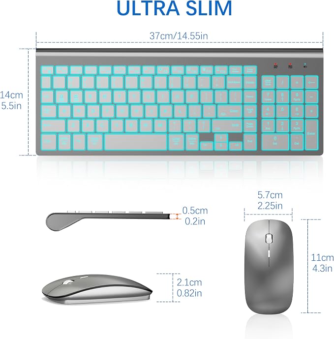 Wireless Backlit Keyboard and Mouse Ultra Slim Combo, TopMate - Gray Silver | 2.4G Silent Compact 2400DPI Mouse and Scissor Switch Keyboard Set, Batteries Included, for PC/Laptop/Windows/Mac/Gaming