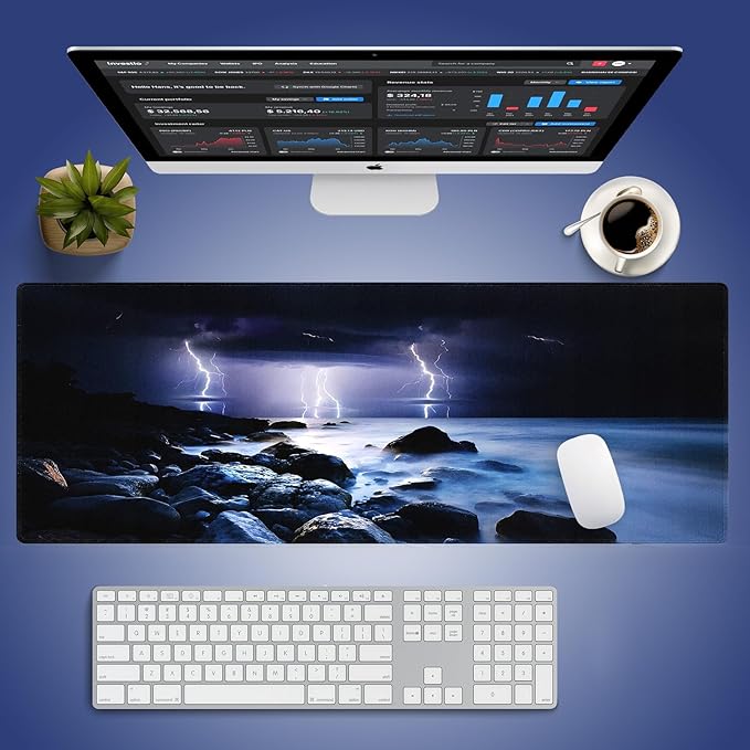 Lightning Thunderstorm Ocean Large Mouse Pad, Stormy Rocky Sea Desk Mat | Night Nature Seashore Scenery, Dark Storm Beach scene, Blue Coastal Landscape, 31.5" x 11.8", XXL Stitched Keyboard Mat