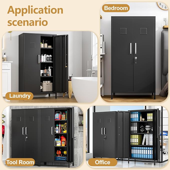 Metal Storage Locker,47" H Home Office Storage Lockers for Employees with 2 Locking Door & 3 Adjustable Shelves,File Storage Cabinets forGarage, School, Office, Gym (Black)