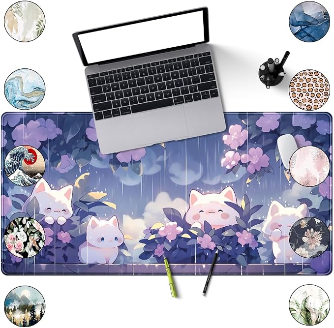 Kawaii Cat Desk Mat XXL Extended Purple Gaming Mouse Pad Large Mousepad | Cute Desk Mat Keyboard and Mouse with Stitched Edges Desk Pad for Game Office Home Desk Purple Decor 31.5x15.7 in