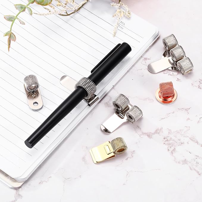 PATIKIL 2Pcs Metal Pen Clip Holder, Adjustable Loop Pen Pencil Organizer with Single Spring Loop for Notebook, Clipboard, Gold Tone