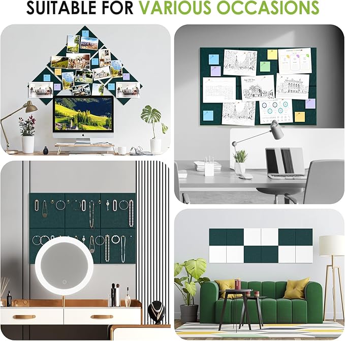 MaxGear Felt Bulletin Board 36" x 24", Dark Green Felt Wall Tiles Push Pins | Cork Board For Walls Alternative, 6 Pack 11.8" x 11.8" Wall Panels, Pin Board Custom Layout Design, Office Decor Home Decor