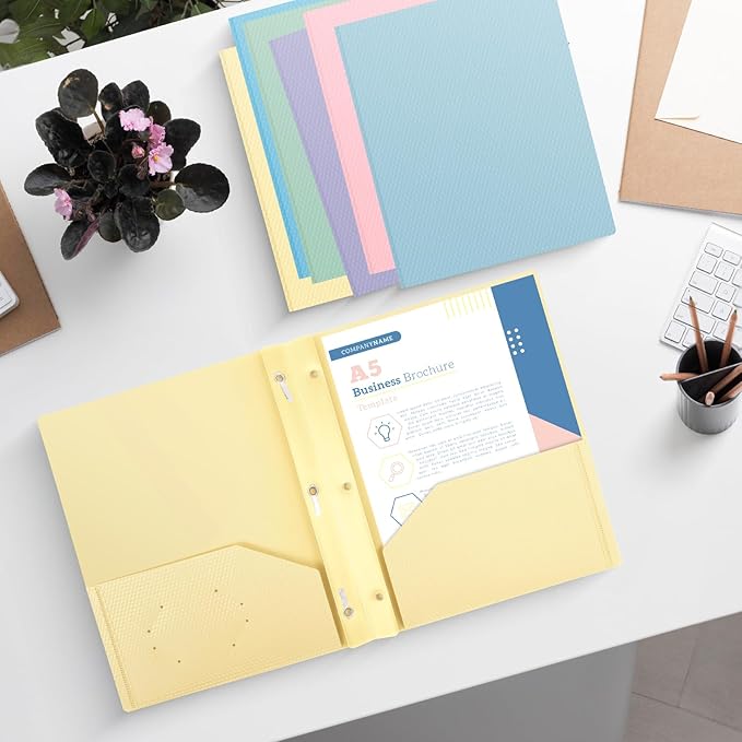 6-Pack Plastic andPockets and Prongs,2-Pocket and3 Fasteners, Pastel Folders Holds 8-1/2" x 11" Paper for School/Office/Home, Yellow