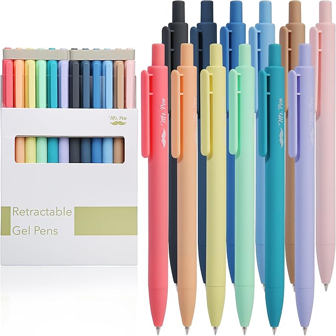 Mr. Pen- Retractable Gel Pens, 12 Pack, Black Ink, Pastel Barrels | Fine Point 0.7mm, Fast Dry, Smooth Writing, Cute Pens for Drawing, Writing Planner and School Supplies