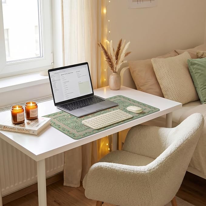 iCasso Aesthetic Flower Mouse Pad,23.6x13.7in Desk Pad, Light Green | Desk Matt for Desktop, Anti-Slip Mousepad with Stitched Edges for Laptop Computer Keyboard