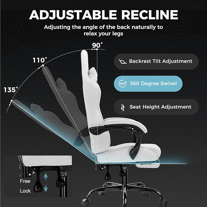 GTPLAYER Gaming Chair, Computer Chair with Footrest and Lumbar Support, Height Adjustable Game Chair with 360°-Swivel Seat and Headrest and for Office or Gaming (All Light Gray-Fabric)