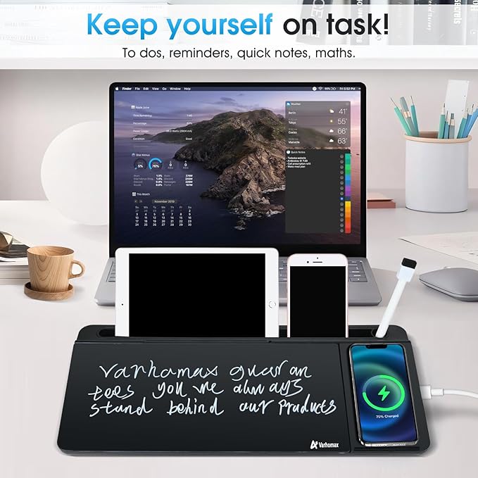 Varhomax Glass Desk Whiteboard Black with Wireless Charger | Desktop Dry Erase White Board with Storage,To Do List Memo Notepad with Accessories for Home and Office Supplies