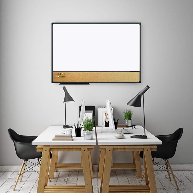 JILoffice White Board & Bulletin Corkboard Combination, Combo Board 36 x 24 Magnetic Whiteboard, Black Aluminum Frame Wall Mounted Board for Office Home and School with 10 Push Pins