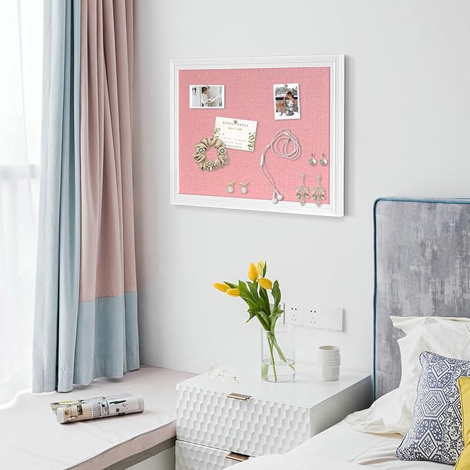 Large Wood Framed Cork Board with Linen, 24" x 18" (Pink) | Hanging Bulletin Board, Picture Display Vision Board Kit Corkboards for Wall Room School Office Decor, 10 Pushpins