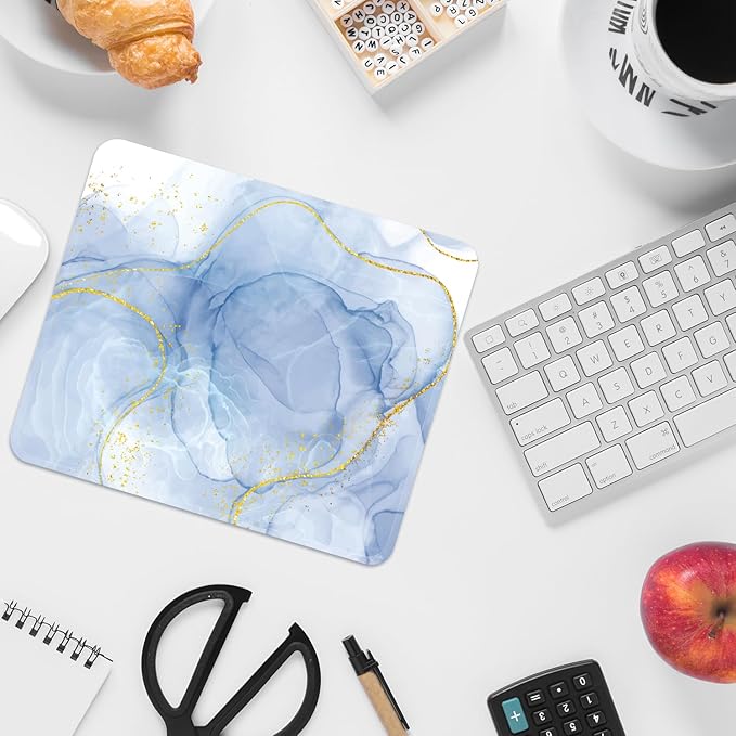 FROGIGO Mouse Pad with Stitched Edges - Elegant Marble Mousepad for Women, 9.25 x 7.75 inch Washable Square Desk Pad, Non-Slip Rubber Base, Office Home Laptop Accessories - Blue Marble