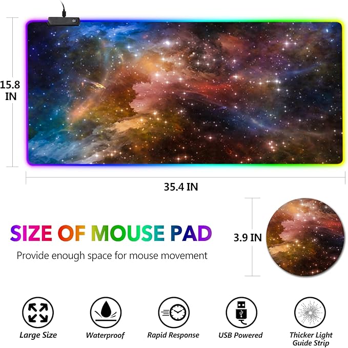 AIMSA Large Gaming Mouse Pad RGB, Keyboard Led Mousepad Extended 35.4 x 15.8 inch Non-Slip Rubber Base with 14 Lighting Modes Desk Mat, Colorful Galaxy Nebula