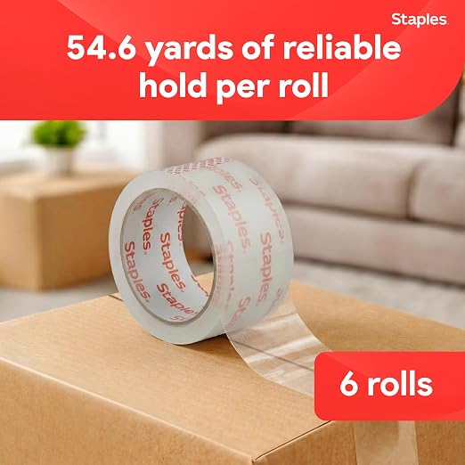 STAPLES Ultra Heavy-Duty Packing Tape, 1.88x54.6 Yds, Clear, 6/Roll | Strong adhesive seals boxes for shipping, moving, and storage needs.