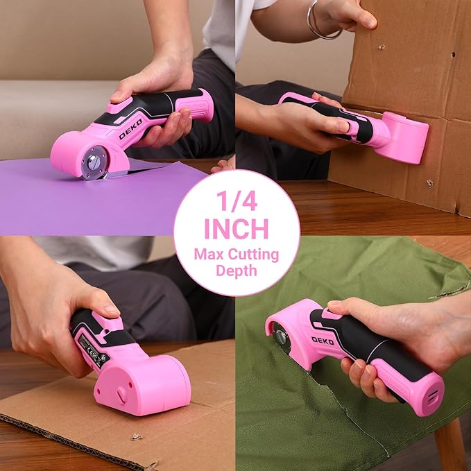 Cordless Electric Scissors Cardboard Cutter: DEKOPRO 4V 2000mAh Electric Box Cutter, Rechargeable Power Rotary Cutter with Safety Lock, 389g Carpet Cutter with 2 Blade, Type-C Charging(Pink)