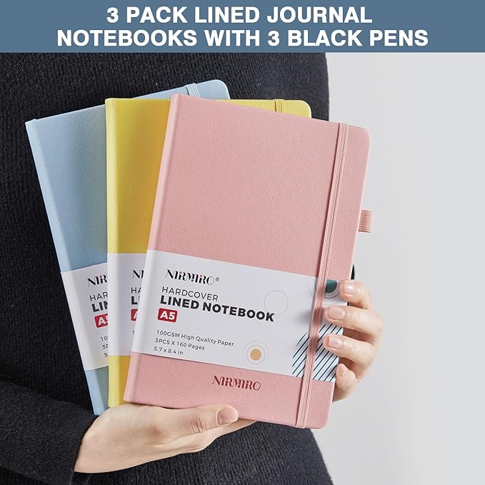 Lined Journal Notebook for Women Men, A5 (5.7"x8.4"), 3 Pack 160 Pages Hardcover Journaling Notebooks with Pen, 100GSM Paper, for Work,Writing,Travel,Business, School Office Supplies, Pink Yellow Blue