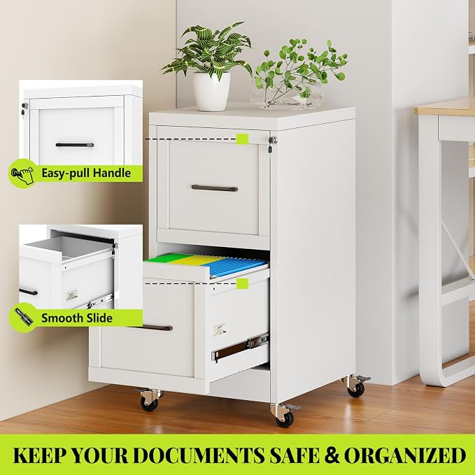 2-Drawer Rolling Metal File Cabinet with Lock, Narrow, White | Mobile metal filing cabinet with casters; rails fit Letter, Legal and A4 folders, one lock secures both drawers