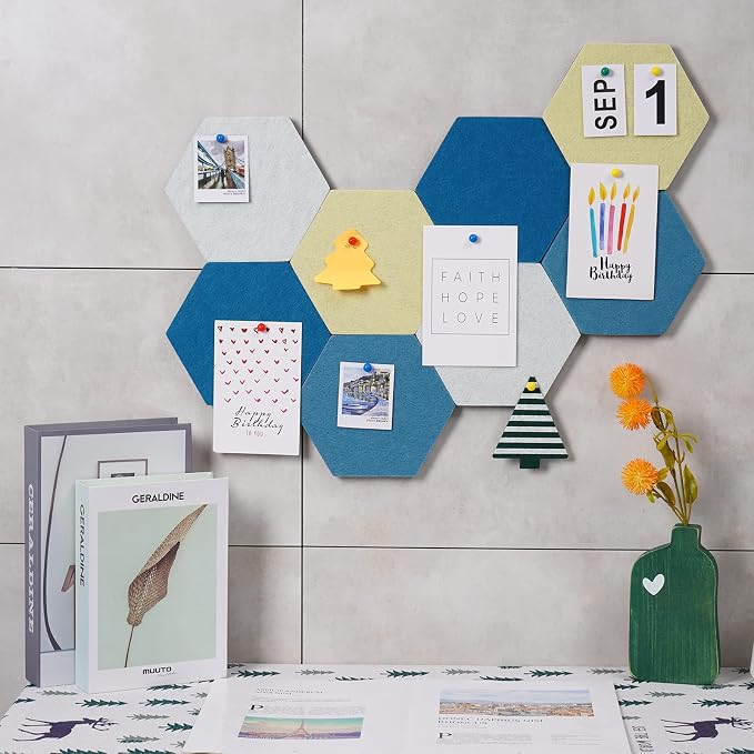 8Pcs Hexagon Felt Cork Board Tiles Self Adhesive Bulletin Board, Pin Board for Wall Decor Memos Photos Display (Set A)