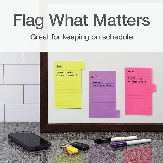 Redi-Tag Divider Sticky Notes, Tabbed Self-Stick Lined Note Pad, 60 Ruled Notes, 4 x 6 Inches, Assorted Neon Colors (29500)
