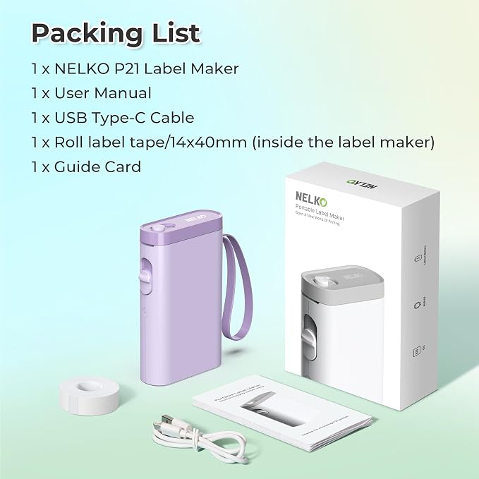 Nelko P21 Label Maker Machine with Tape, Bluetooth Label Printer, Purple | Creative App & Multiple Templates, Inkless Printing, Built-in Cutter, Ideal for School, Teacher Supplies, Office, and Home