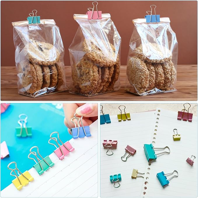 40-Pack Colorful Binder Clips, Assorted Sizes (4 Sizes) Metal Paper Clips, Strong-Binder Clamps for Home Office School, Organizing Documents, Crafts, Cable Management and Chip-Bag Sealer