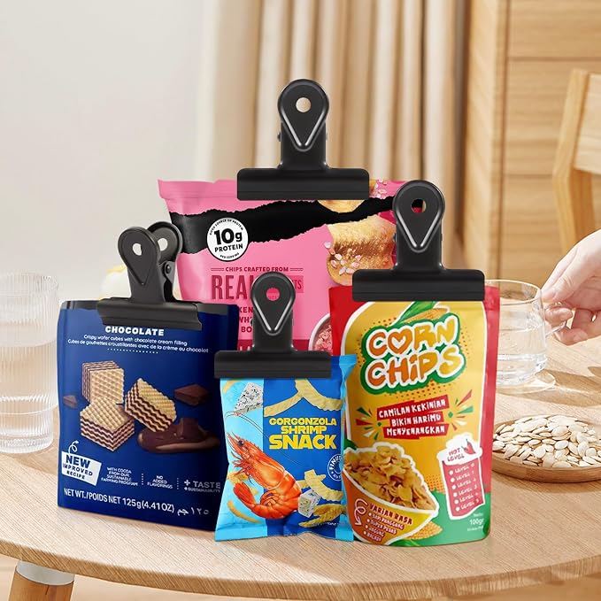 SIAMESE Bulldog Clips, 4 Pcs Binder Clips for Office & Kitchen, Multi-Purpose Binder and Food Bag Clamps for Sealing, Storage, Hanging (Black)