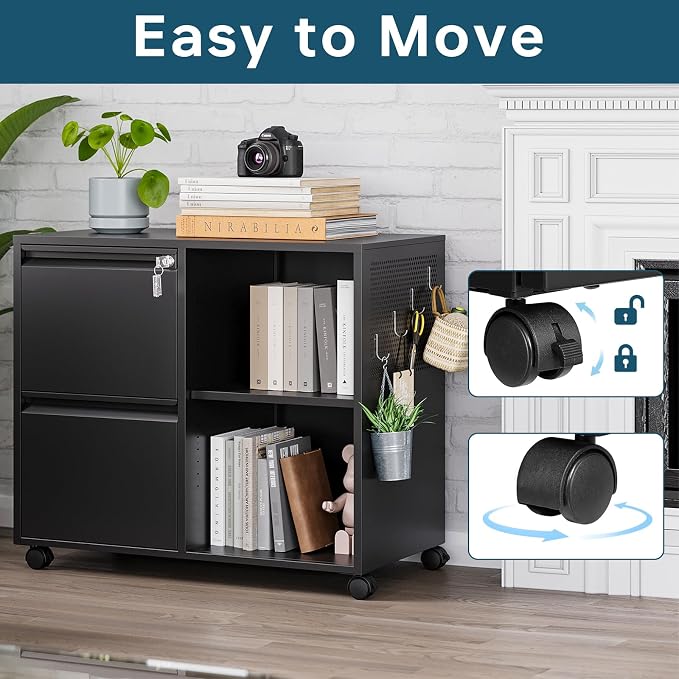 MIIIKO 2 Drawer File Cabinet with Lock, Metal Lateral Rolling Printer Stand Filing Cabinets with Drawers for Home Office,A4, Letter Size File Folders(Black)