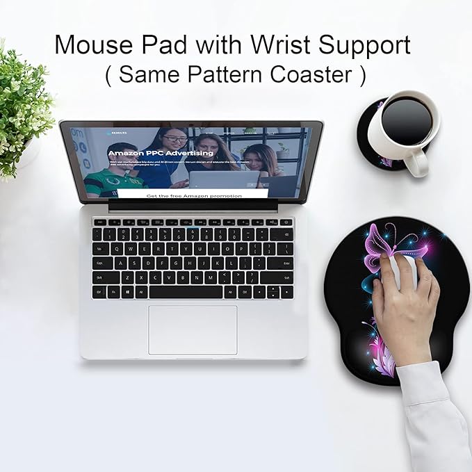 Ergonomic Mouse Pad with Wrist Support Rest,Large Mousepad Gel Wrist Rest, with Coaster Non-Slip & Pain Relief for Computer, Desk, Home&Office-Purple Butterflies