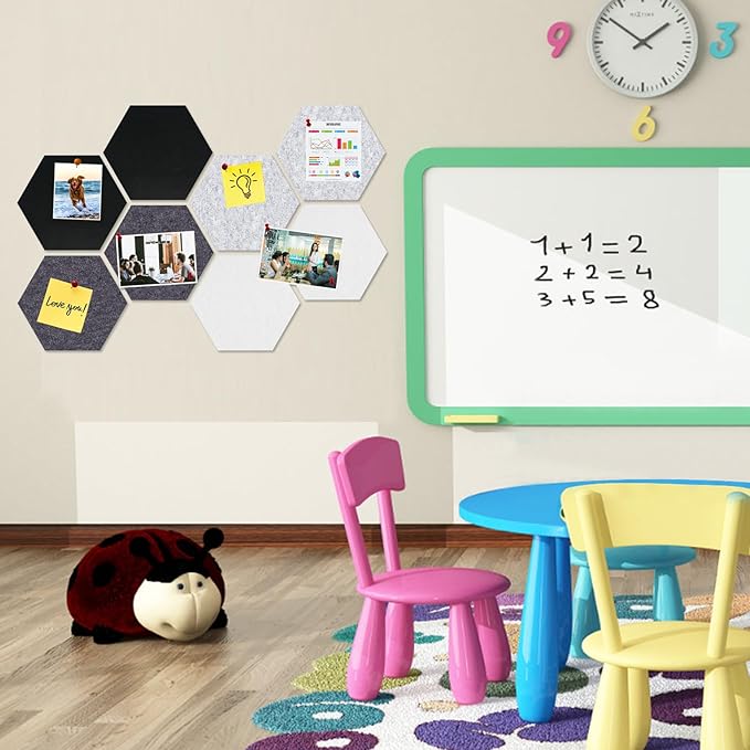 Large Hexagon Felt Cork Board Tiles, Self Adhesive DIY Felt Bulletin Board Pin Board with 35 Pushpins for Office School Home Wall Decor(Black+Deep Grey+Light Grey)