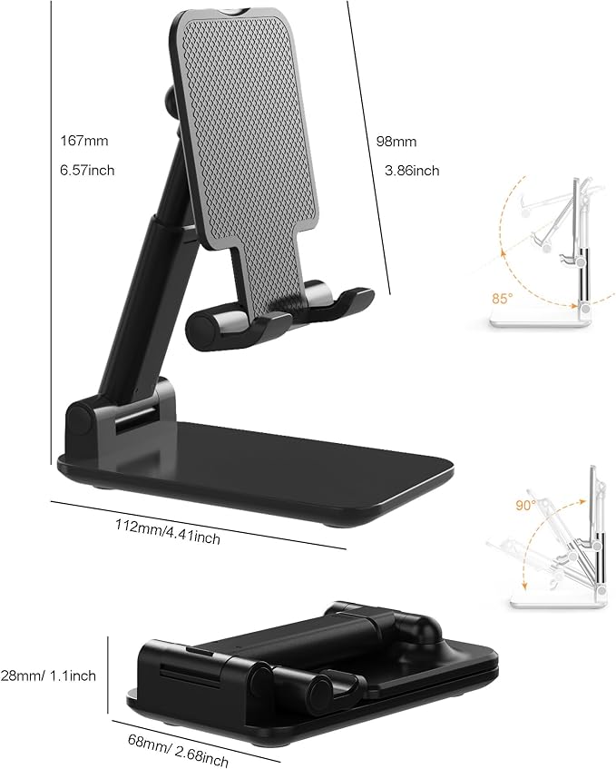 Phone Stand for Desk Cell Phone Holder Stands for iPhones, Black | Mini, Cute, Portable, Fully Foldable, Under 8" Devices, All Smart phones, Office Accessories