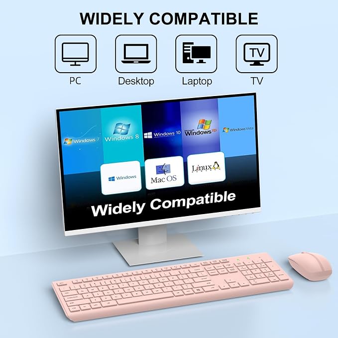 Wireless Keyboard and Mouse Combo, Full Size Silent Ergonomic Keyboard and Mouse, Long Battery Life, Optical Mouse, 2.4G Lag-Free Cordless Mice Keyboard for Computer, Mac, Laptop, PC, Windows(Pink)