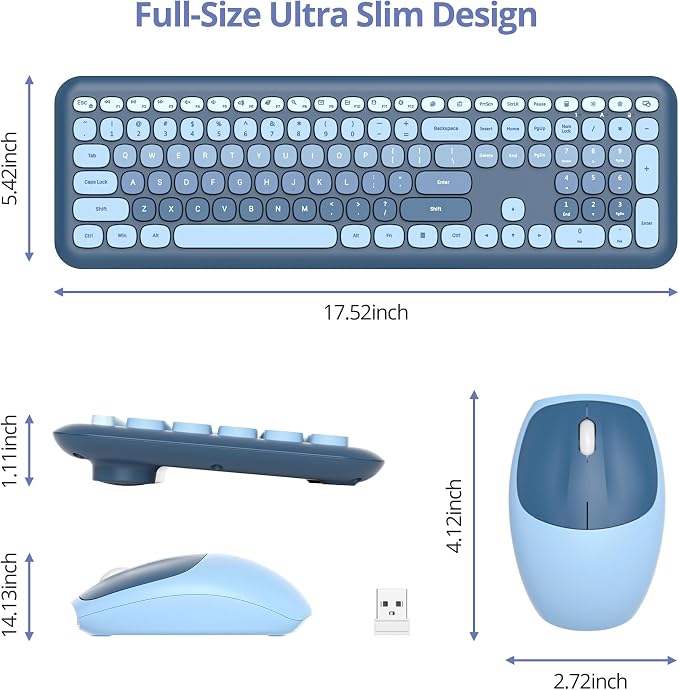 Surmen Cute Colorful Keyboard and Mouse Wireless Silent, Full-Size Retro Typewriter Wireless Quiet Slim Keyboard Low-Noise 2.4GHz for Computer, Desktop, Laptop(6-Ocean Blue)