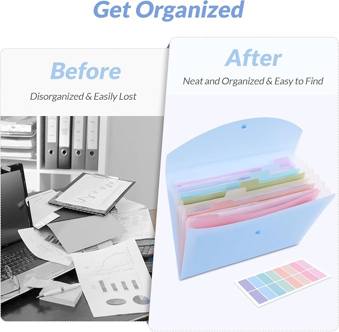 SKYDUE Cute Accordion File Organizer, Expanding File Folder with 8 Pockets, Document Organizer with Colorful Tabs for School, Office, Hospital Tax, Receipts Storage Letter/A4 Size Blue
