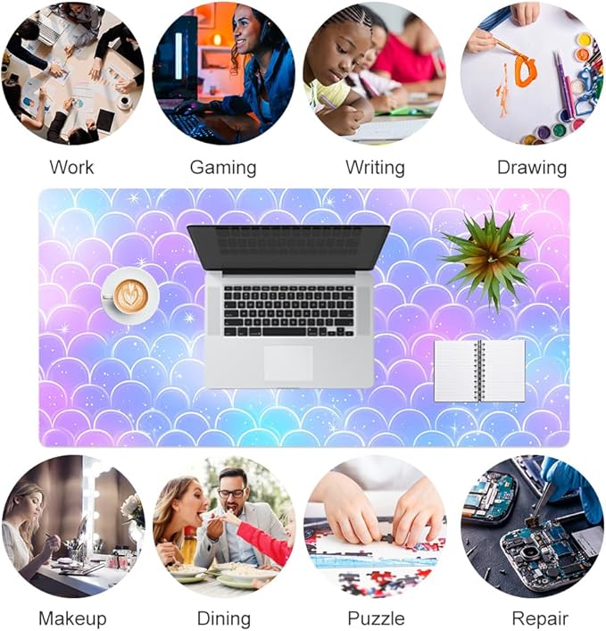 QiyI PU Leather Large Mouse Pad, Office Decor, 31.5" x 15.7", Mermaid Scale | Desk Décor Accessories, Extended Size, Waterproof & Easy to Clean, Smooth Surface, Non Slip Desk Organization