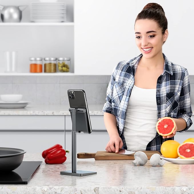 OMOTON Cell Phone Stand, Adjustable Angle Height Desk Phone Dock Holder for iPhone Air/17 Pro Max/ 11 Pro/XS Max/XR, Samsung Galaxy S20 / S10 / S9 / S8 and Other Phones (3.5-7.0-Inch), Gray