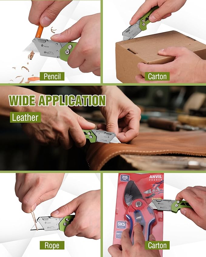WORKPRO Box Cutter, Utility Knife, Green | Quick Change Blade Razor Knife, Folding Pocket Knife with Belt Clip and Axis Lock, 10 Extra Blades Included