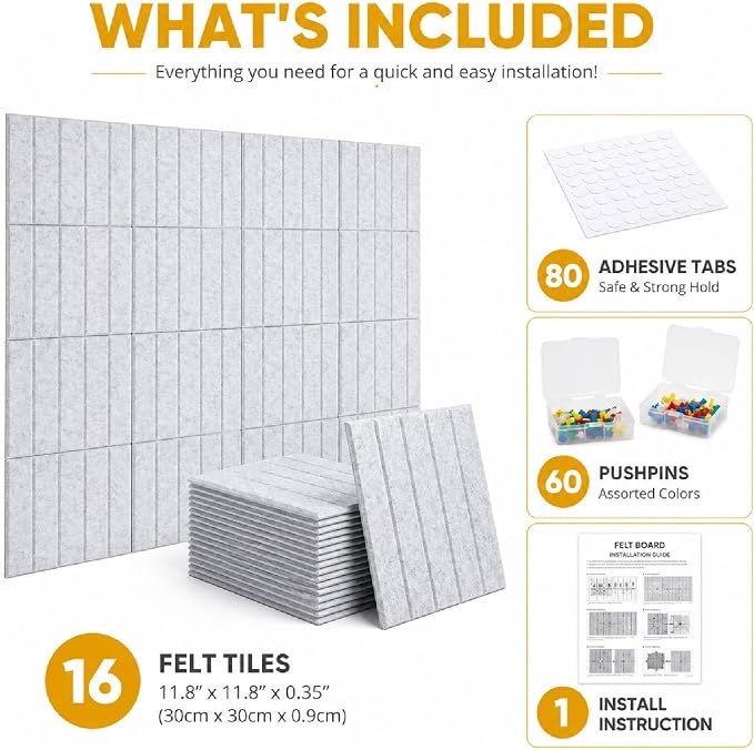 48"x48" Large Felt Bulletin Board Tiles for Wall,16 Pcs, Light Gray | with Pushpins & Adhesive Tabs, No-Drill Installation, for Home or Office Wall Decoration and Protection, Freely DIY Projects