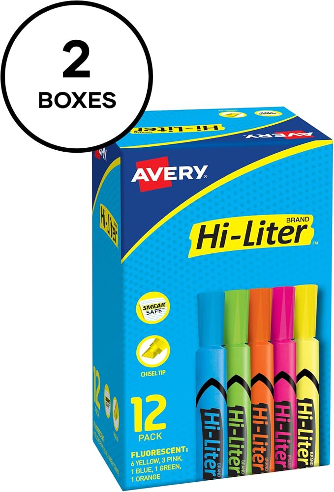 Avery Hi-Liter Desk-Style Highlighters, Chisel Tip, 12 Highlighters, Assorted Colors, 2 Packs (25601)