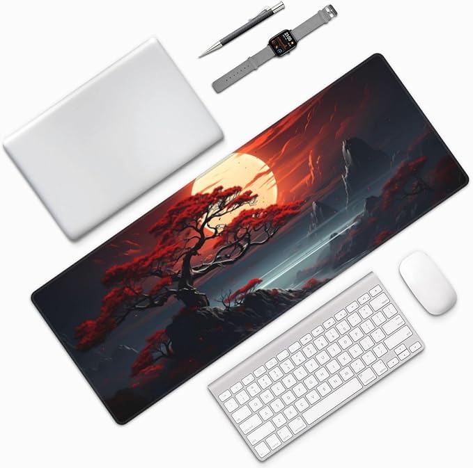 Darkness Red Moon Desk Mat Japanese Mouse Pad, Large Japanese Desk Mat, XL Anime Gaming Keyboard Mat, Non-Slip Rubber Base, Big Extended Desk Protector for Home Office, 31.5âx11.8â