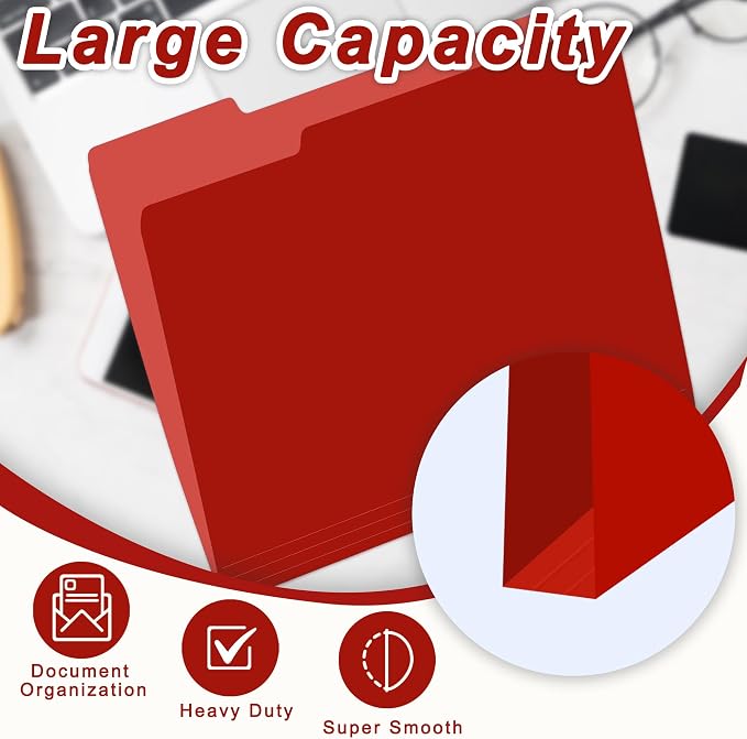 VZCPYTPM 100 Pack Red File Folder,1/3-Cut Tabs,Paper File Folders Letter Size,8.5x11 Manilla File Folders for Office Filing,School Projects and Home,Organizer Documents