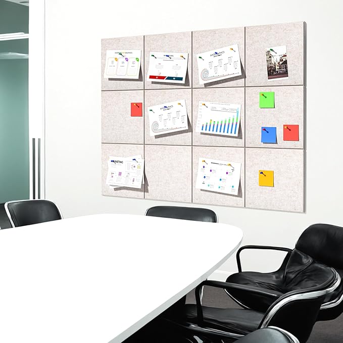MaxGear Felt Bulletin Board 48" x 36", Light Tan Felt Wall Tiles Wall Decor | Modern Cork Board For Office Alternative, 12 Pack 11.8" x 11.8" Wall Panels With Push Pins, Vision Board Office & Home Decor