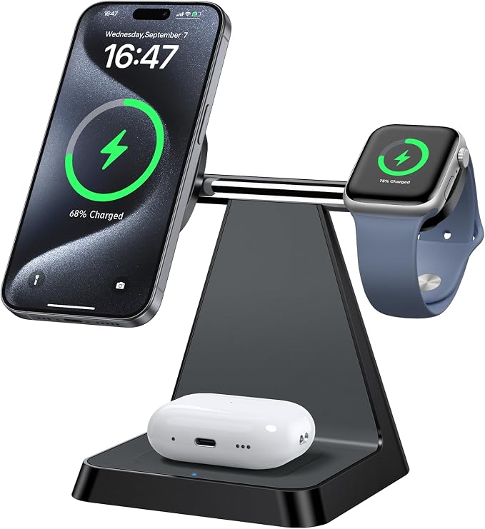 Charging Station for Multiple Devices Apple: Woruda 3 in 1 Magnetic Wireless Charger Stand for Mag Safe iPhone - Nightstand Charging Dock for iPhone 16 15 14 13 12 Pro Max Plus Apple Watch Airpods