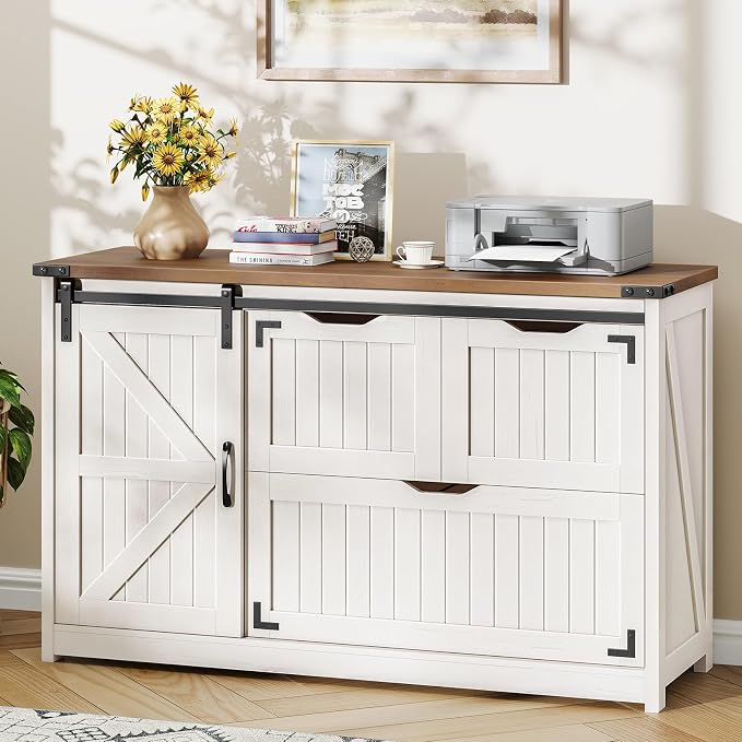 Halitaa 47.8” Farmhouse File Cabinet with Sliding Barn Door, Off White | Lateral Filing Storage Cabinets with Adjustable Shelf, 3 Drawers,Office Printer Stand for Hanging Files Letter/Legal/A4/F4