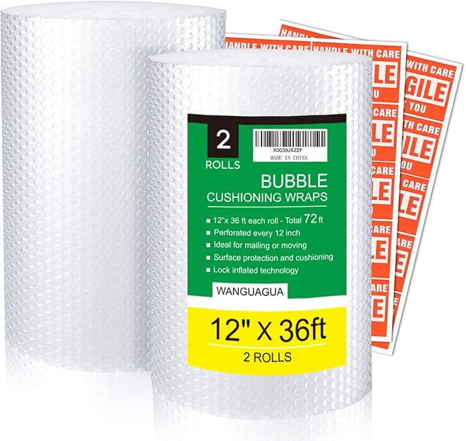 wanguagua Bubble Packing Moving Wrap, 12 Inch x 72 ft Total, 2 Pack | Heavy Duty Fully-inflated Bubbles for Boxes, Shipping Cushioning Supplies, Perforated Every 12"